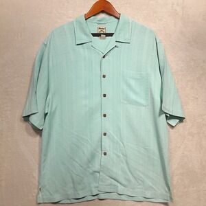 Montego Mon Mens Short Sleeve Button Shirt Sz.L/Blue/100% Silk/Stitch Print